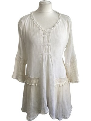 Bindu Petra White / Cream Tunic Crochet Accents 100% Cotton Size M