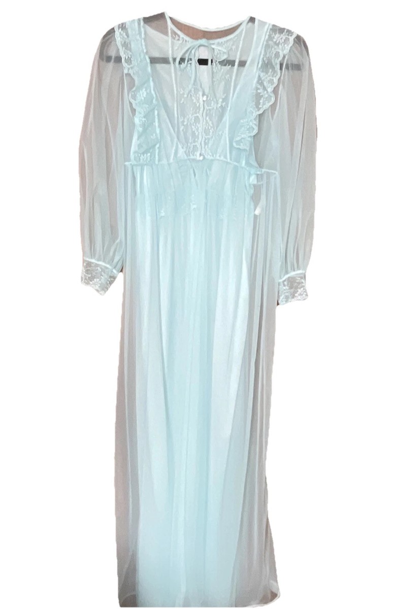Vintage Blue Nylon Chiffon w/ Lace Peignoir SET Nightgown Robe Lingerie