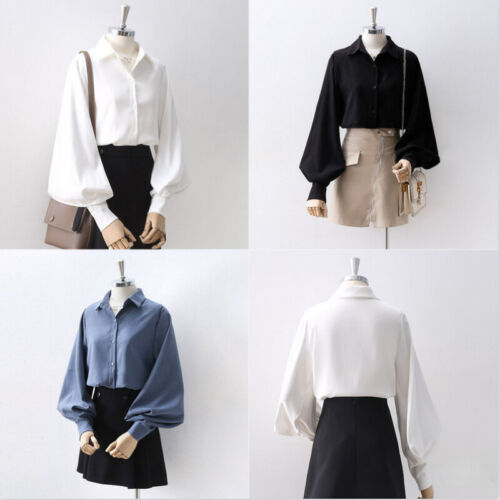 Women Puff Sleeve Blouse Shirt Top Formal Retro Button Casual White Black - Afbeelding 1 van 15