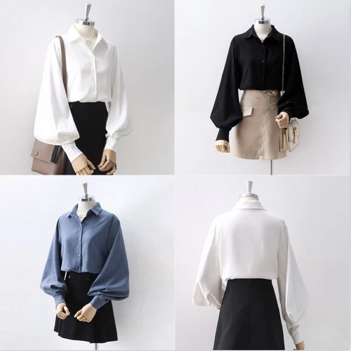 Camicia blusa donna manica a sbuffo top formale retrò bottoni casual bianco nero - Foto 1 di 18