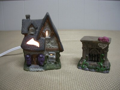 Lot of 2 Greenbrier Lighted Porcelain Halloween Haunted House & RIP Gravestone