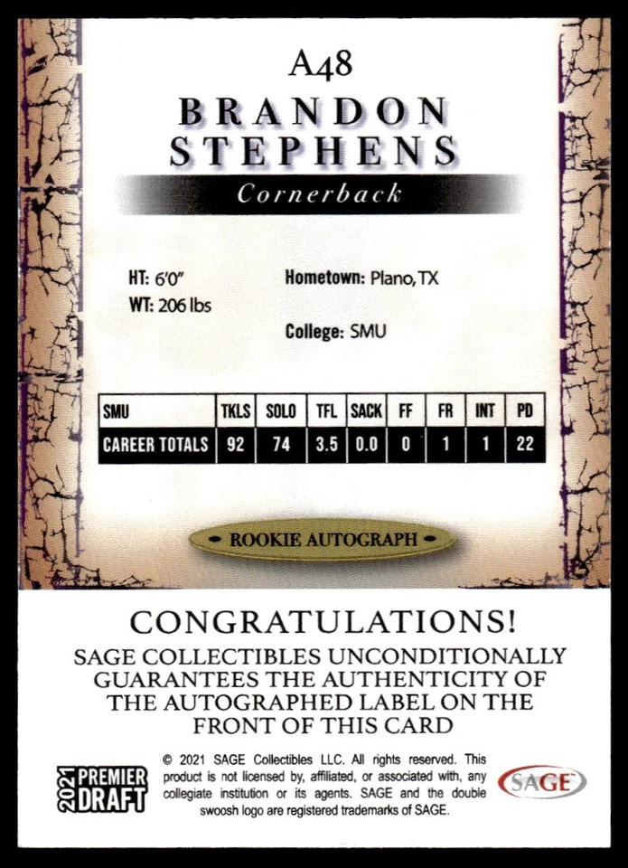2021 SAGE Premier Draft Autographs Brandon Stephens Auto SMU Mustangs #A48 - Image 2 of 2