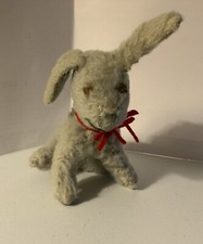 Vintage Antique Steiff ? No Tag Grey Bunny Rabbit Red Ribbon Very Old
