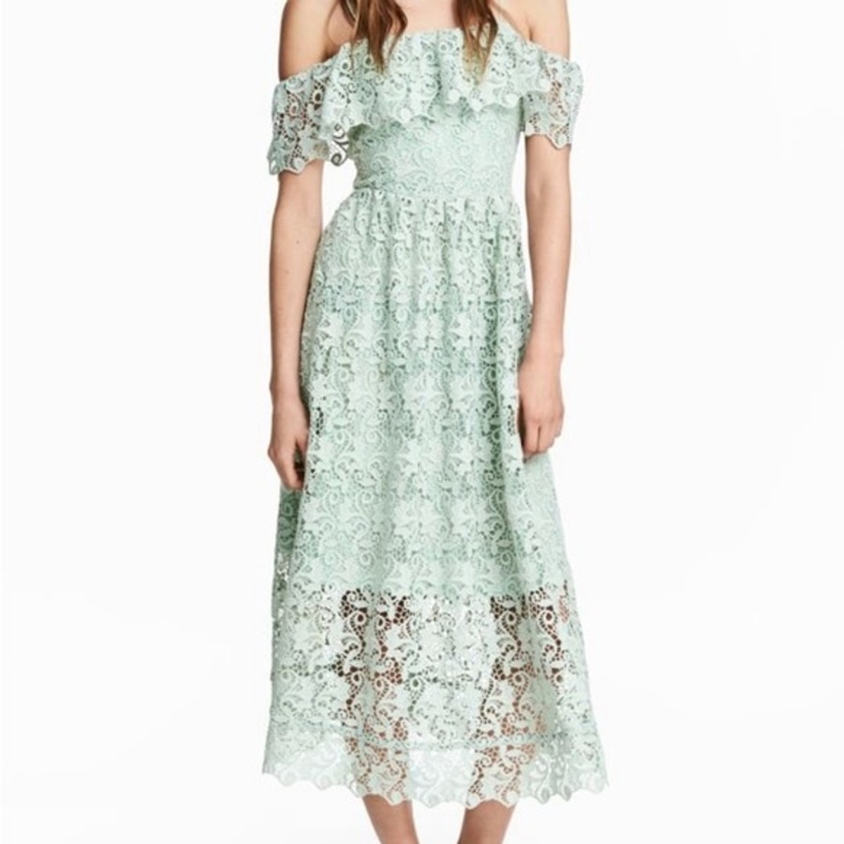 h&m off the shoulder lace dress H&M green ruffle lace off the shoulder maxi dress 14 Cottagecore Prairie