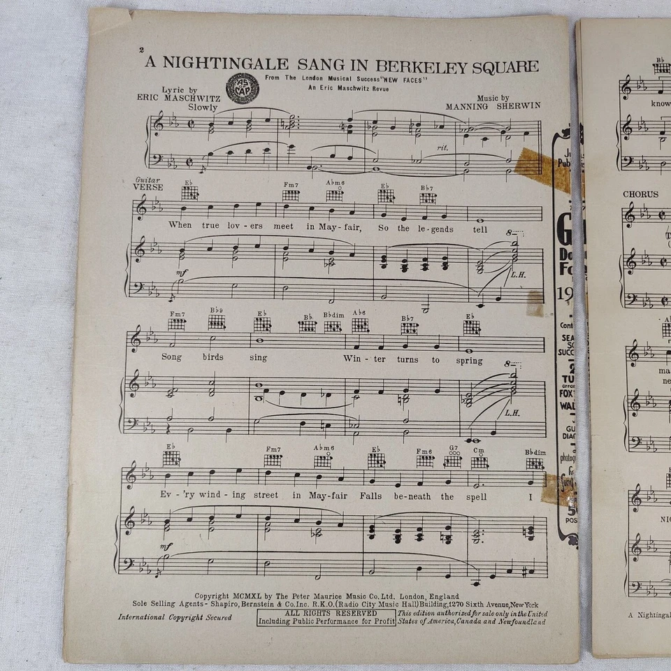 Rare 1940 A Nightingale Sang In Berkeley Square Sheet Music featuring Kate Smith - Image 3 of 4