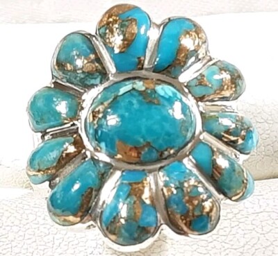 925 STERLING 12 STONES CURVED FLOWER DESIGN MATRIX TURQUOISE SIZE 6 RING 5.1g