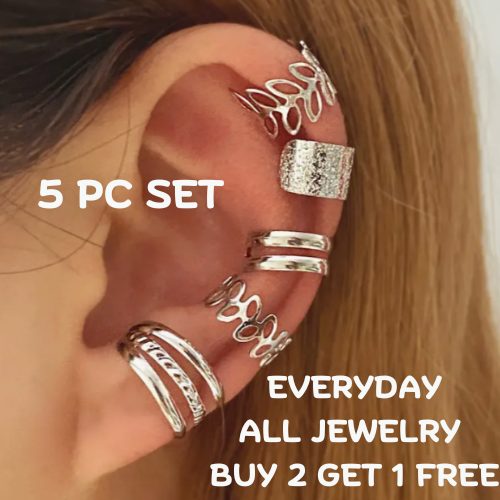 Ear Cuff Earrings Lobe Jewelry Silver Tone 5PS SET Bands Ear Cuff Earrings Lobe Jewelry Silver Tone 5PS SET Bands