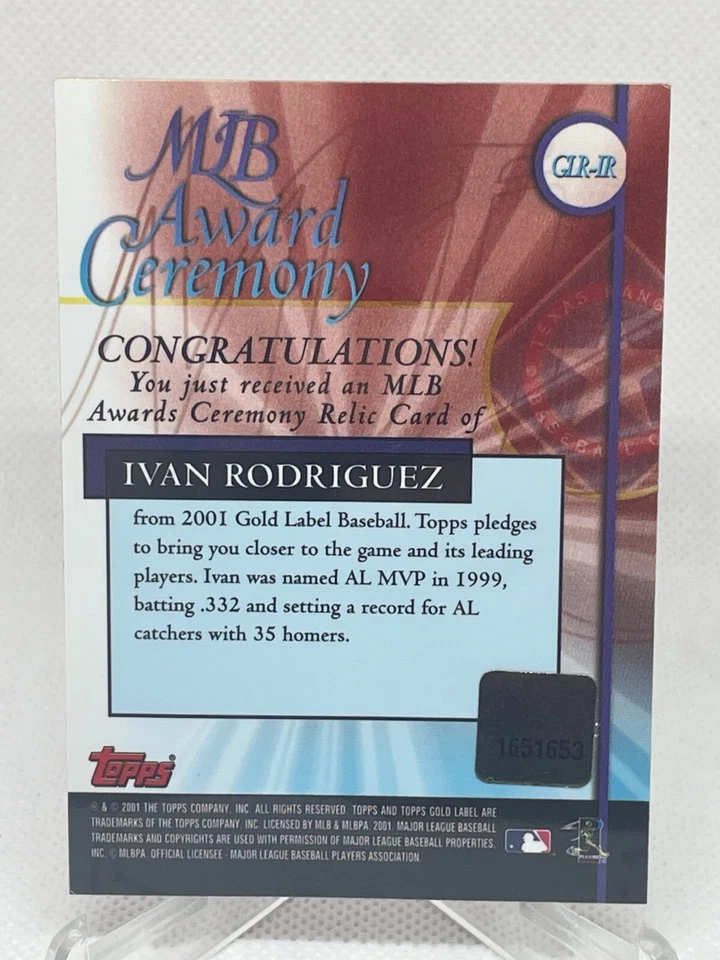 Ivan Rodriguez 2001 Topps Gold Label MLB Award Ceremony Game Used Jersey XebX - Image 2 of 2