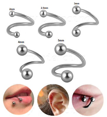 PAIR Steel Ball End Spiral Twister Barbell Lip Cartilage Earring 20G 18G 16G 14G