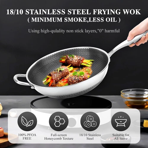 13-INCH LARGE WOK STAINLESS STEEL NONSTICK FRYING PAN W/ LID BRUSH FOR INDUCTION - Picture 4 of 13
