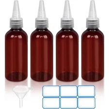 4 Pack 1 Oz (30ml) Amber Plastic Essential Oil Bottles with Funnel and Labels