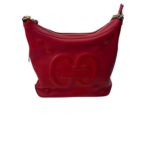 GUCCI Calfskin Embossed GG Apollo Shoulder Bag in Hibiscus Red