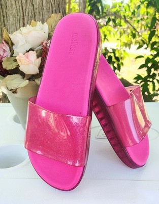 MELISSA SZ 8 $75 FUSHIA  GLITTER  JELLY BEACH CASUAL SLIDES NWOB