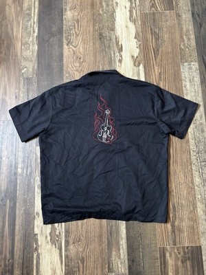 Steady Last Call Men's XL Flames Guitar & Martini Glass Bowling Shirt Black VTG