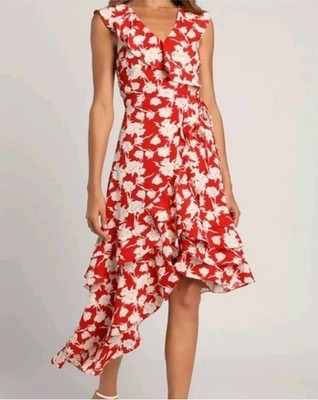 New Lulus All The Lovely Days Red Floral Asymmetrical Ruffle Hi Lo Wrap Dress L