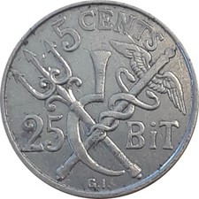 Pièce de 5 cents / 25 bits Antilles danoises 1905 - émission 1 an - FAIBLE tirage
