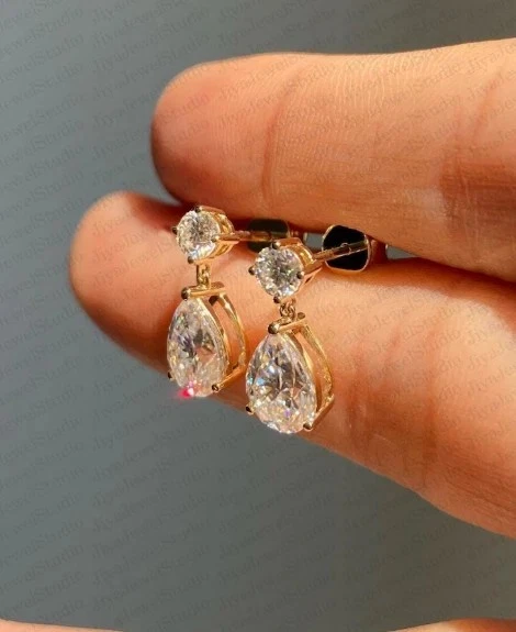 Solid 14K Yellow Gold Excellent Pear Cut 3 Ct Moissanite Drop Dangle Earrings - Image 4 of 4