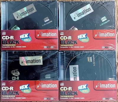 NEW Sealed Imation Black CD-R 20 Pack Discs W/Cases 80 min, 16X, 700 MB Blank