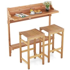 3 PCS Acacia Wood Balcony Table Set w/ Shelf Footrest Curved Wood Seat