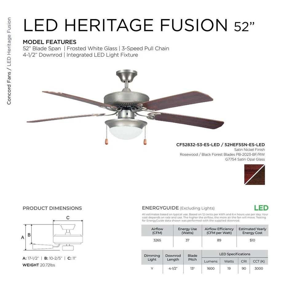 Ventilador de techo regulable Luminance Concord 52" Heritage Fusion 52HEF5SN-ES-LED Foto 4 de 4