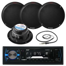 PLMR605B Black 6.5" 400W Speakers, Antenna, Pyle Black Marine USB AM FM Radio