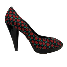 Betsey Johnson Satin Black  Red Floral Platform Peep Toe Heels Pumps Women  s 9M