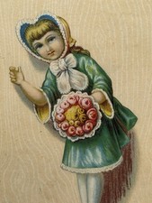 Antique 1880s Embossed Victorian Trade Card Girl Green Dress Bouquet Pink Roses
