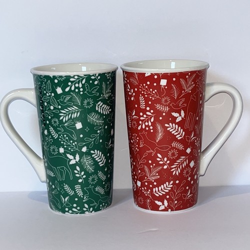 Starbucks Coffee Mug Pair 2019 Red & Green Tall Tea Cups Holiday Pattern