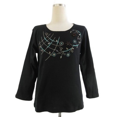 ISSEY MIYAKE HaaT Authentic Black Embroidered Beaded Floral Long Sleeve Top 3