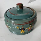 Vintage Red Wing Pottery Cooking Crock with Lid Dancing Peasants Folk Art Teal