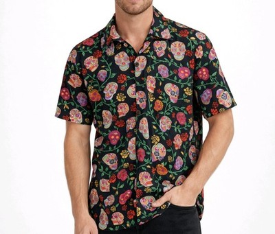 David Carey Men's Shirt Black Sugar Scull Rose Short Sleeve Button Up Size L