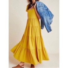 Maeve Anthropologie Gillian Tiered Maxi Dress Yellow Short Sleeve Sz XS Boho