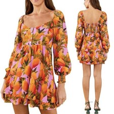 Farm Rio Lilac Mango Macaws Mini Dress Orange Lined Smocked Ruffle Medium