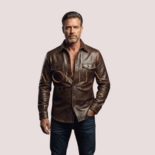 Men's Brown Causal Leather Shirt In Genuine Soft Lambskin Leather Classic Shirt
