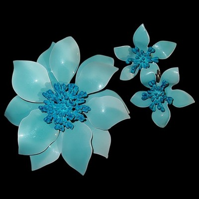 Vntg Duet Turquoise Enamel Huge 3'' Flower Brooch with 1.5'' ScrewBack Earrings
