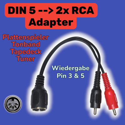 DIN 5 Pol Wiedergabe Adapter auf 2x RCA/Cinch Plattenspieler Turntable Tonband