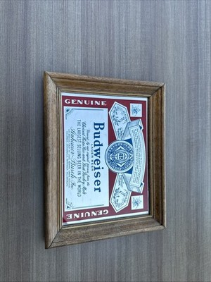VINTAGE GENUINE BUDWEISER BEER FRAMED MIRROR WALL SIGN NICE CONDITION 13.5x11