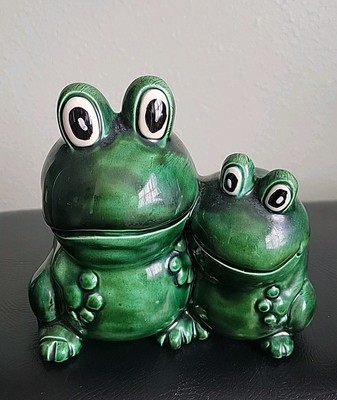 Vtg Norcrest Green Big Eye Frogs Ceramic ,bank  1982 Decor