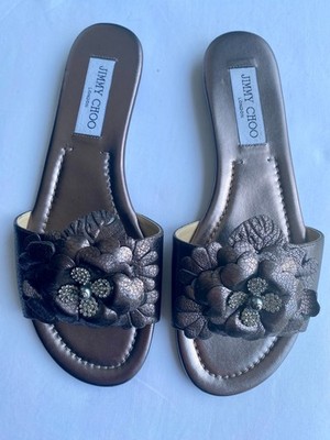 Jimmy Choo Metallic Floral Embellished Slides   Gunmetal Leather   Size 38