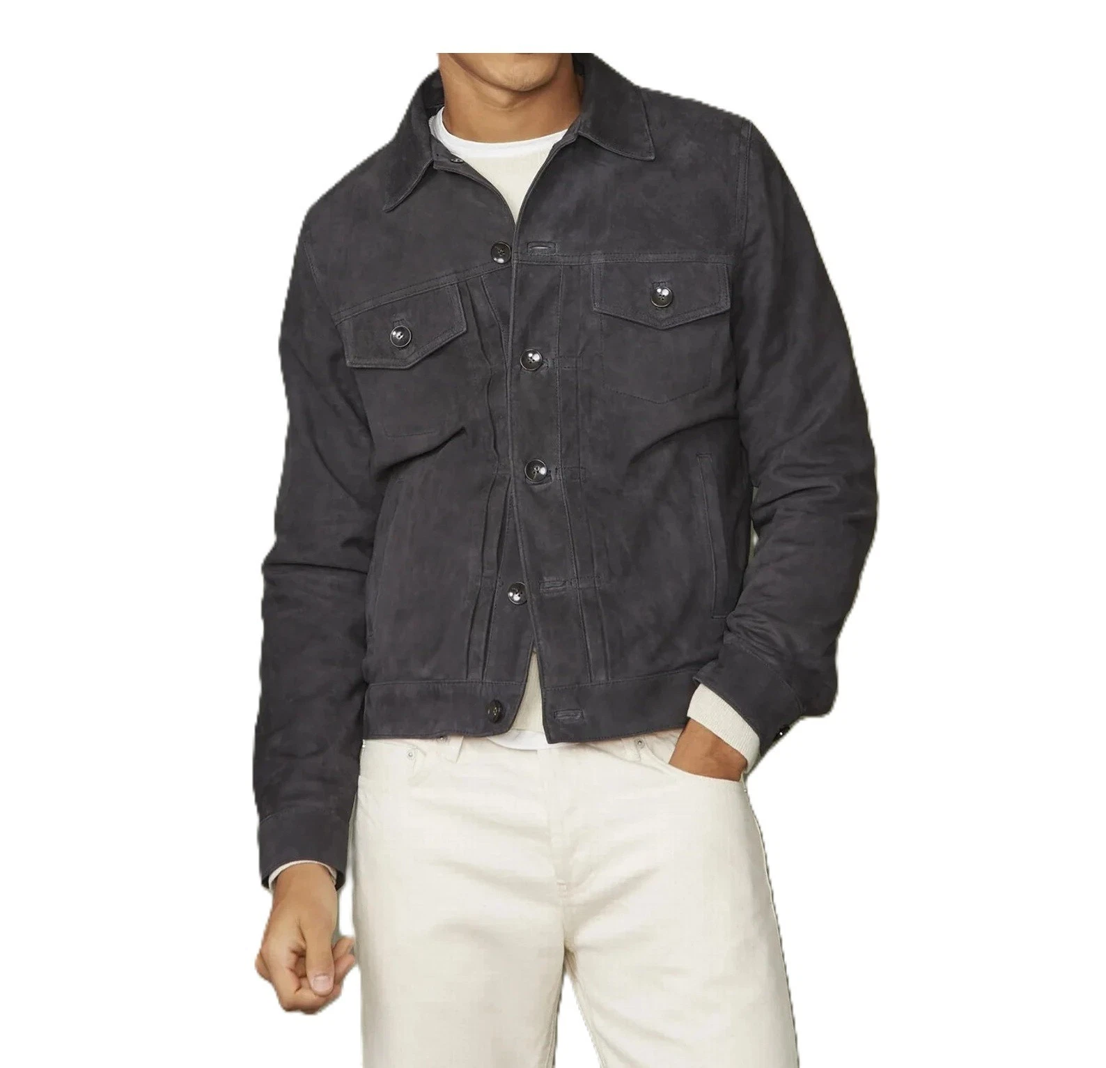 Men 100% Real Suede Leather Gray Trucker Jacket Denim Style Classic Biker Jacket