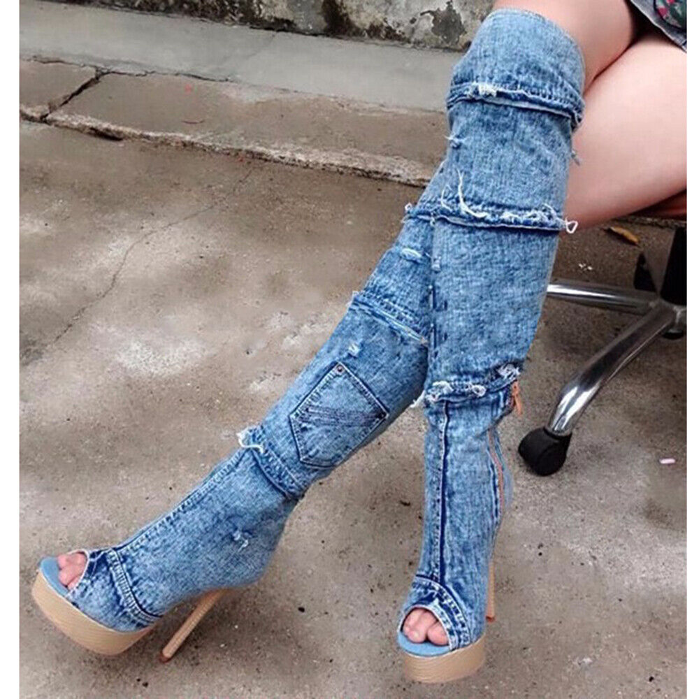 Women's Fashionable Blue Denim Waterproof Platform Peep Toe High Heel  Sandals With Back Strap | SHEIN