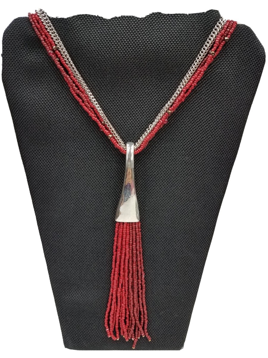 Julea B Necklace Beautiful Red Seed Beads Beaded Silver Tone Tassel 