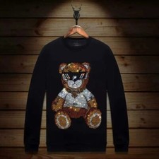 Image of New Men Luxury Bear Rhinestones Fashion Black White Hoodie High Quality