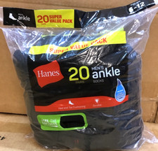 Hanes Ankle Socks Wicking Cool Comfort Black Mens 20 Pack A23