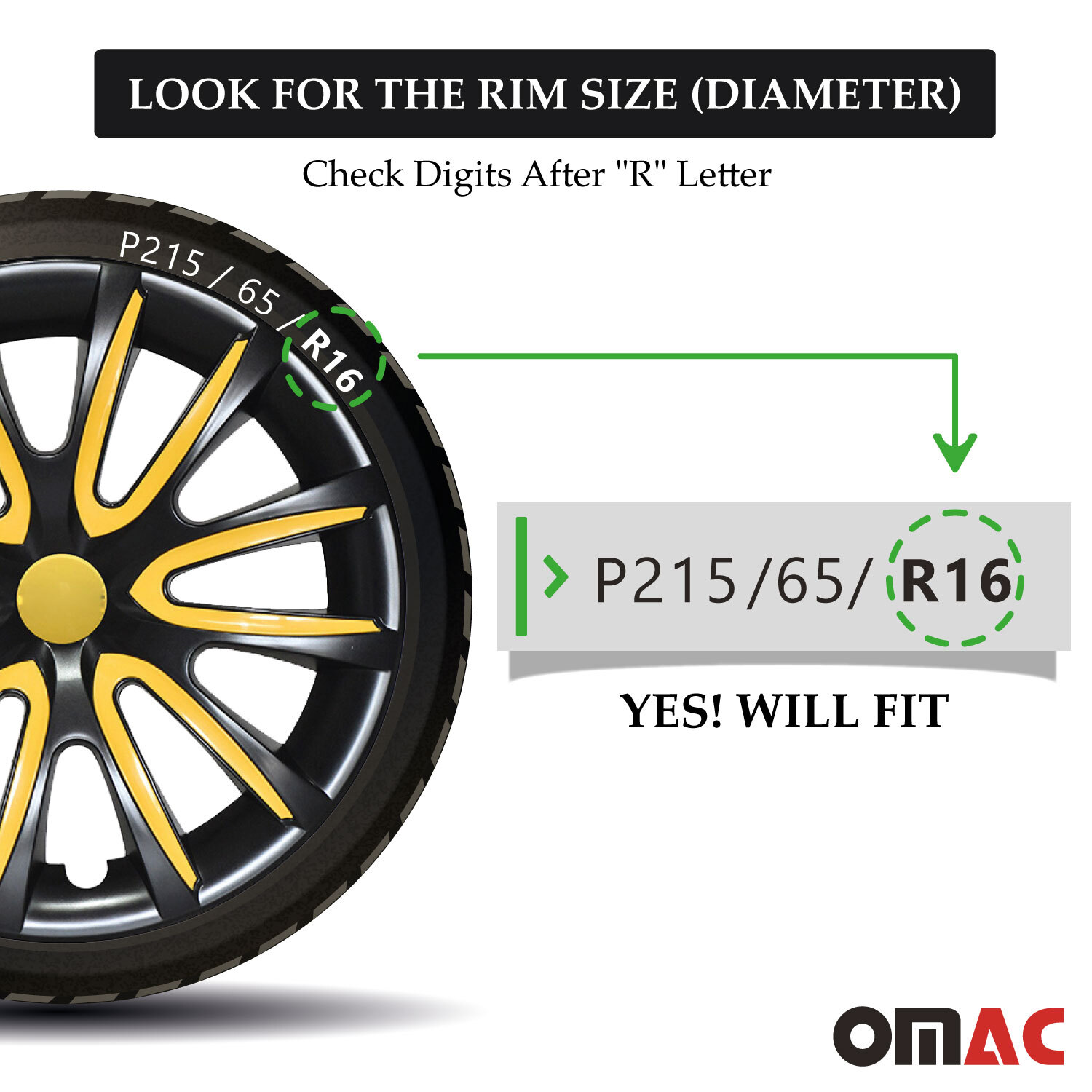 16" Inch Hubcaps Wheel Rim Cover Black with Yellow for GMC Sierra 4pcs