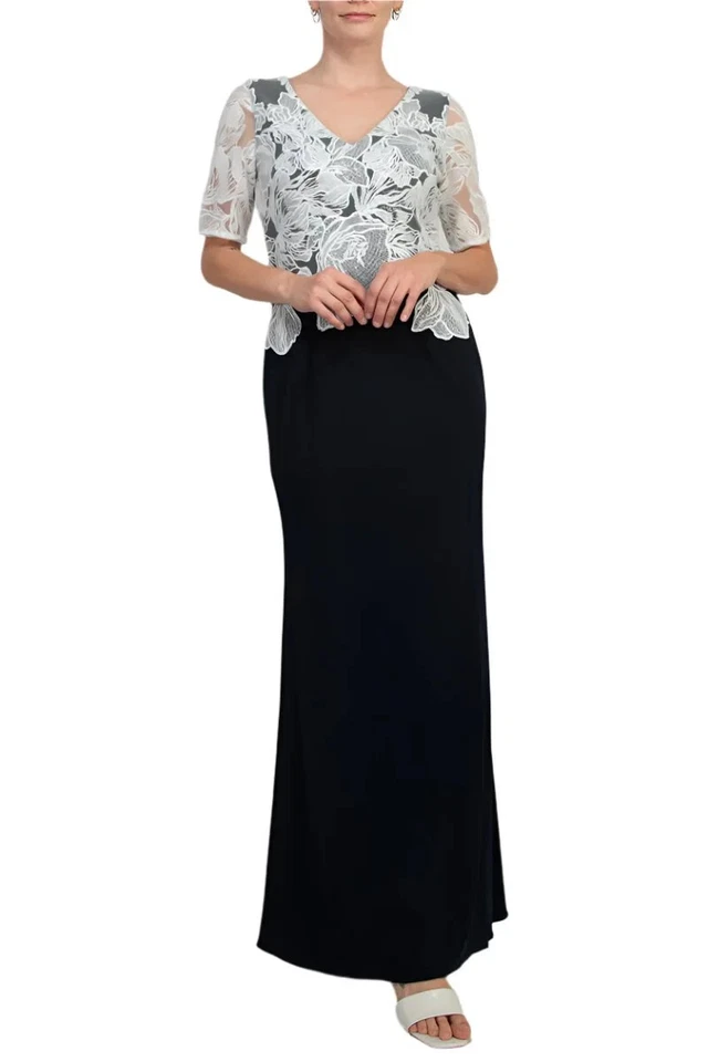 Adrianna Papell Illusion Lace Stretch Crepe Gown Size 12 Black White $249 NWT - Image 2 of 4