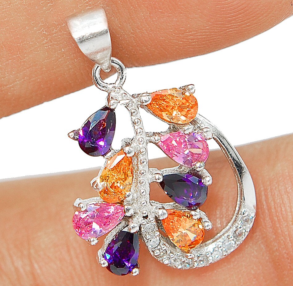 4CT Pink-Orange Treated Sapphire & Topaz Sterling Silver Pendant AB559  