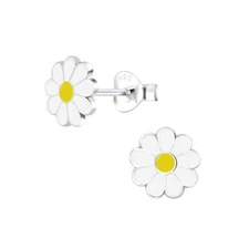 Daisy Flower White and Yellow Stud Earrings - 925 Sterling Silver Jewelry