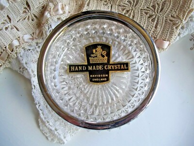  Davidson England Crystal Glass Bowl Metal Silver Tone Rim Candy Dish  label