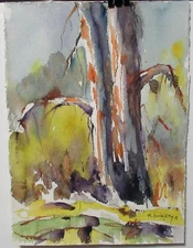 M. DOHERTY ORIGINAL WATERCOLOR ABSTRACT TREE LANDSCAPE PAINTING 1979